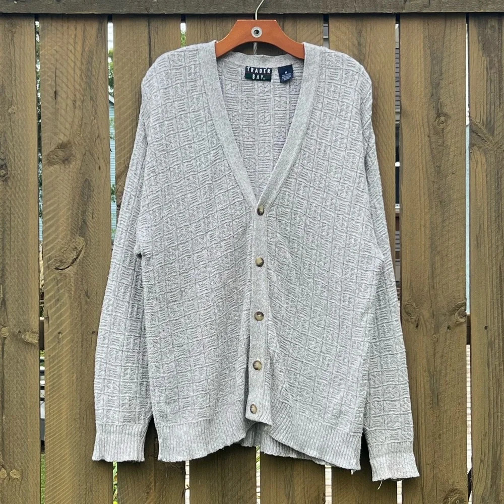 M Trader Bay 100% Cotton Beige Patterned Cardigan Sweater Made in USA